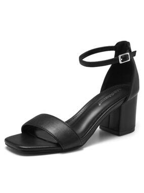 Faux Leather Open Toe Chunky Heel Sandals Adjustable Ankle Strap Women's